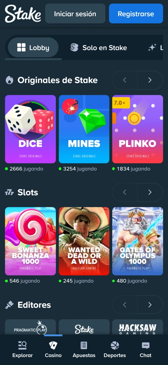 Explorá el lobby de casino móvil y elegí tus juegos preferidos en Stake.