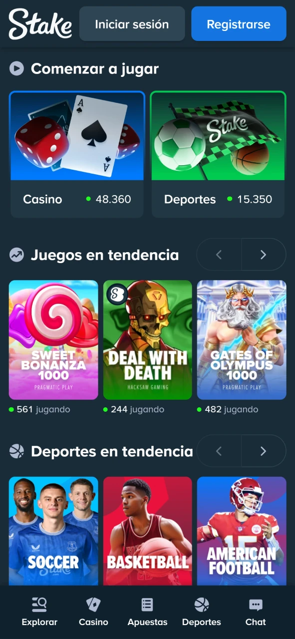 Recorré la pantalla principal de la aplicación móvil de Stake para ver los destacados.