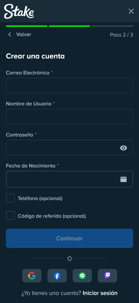 Registrate desde tu celular completando los datos requeridos en Stake.