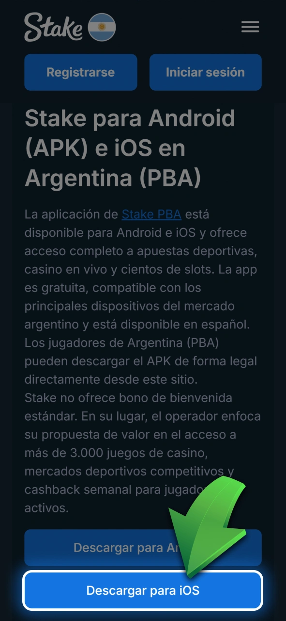 Presioná el botón de acción para iniciar el proceso de configuración en iOS con Stake.