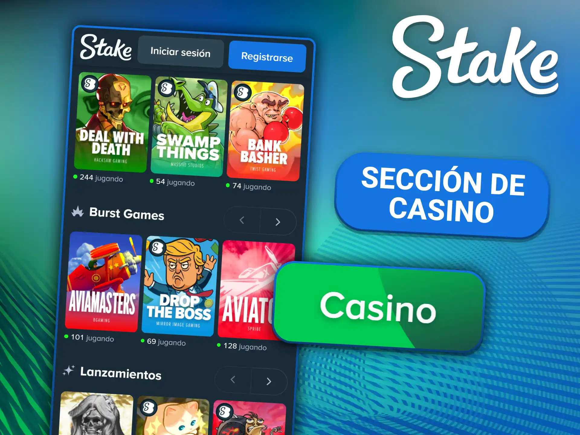 Entrá a las tragamonedas y salas en vivo desde la sección de casino de la app de Stake.