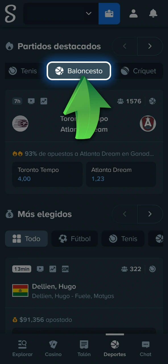 Entrá a la sección dedicada al básquetbol desde el menú de deportes de Stake.