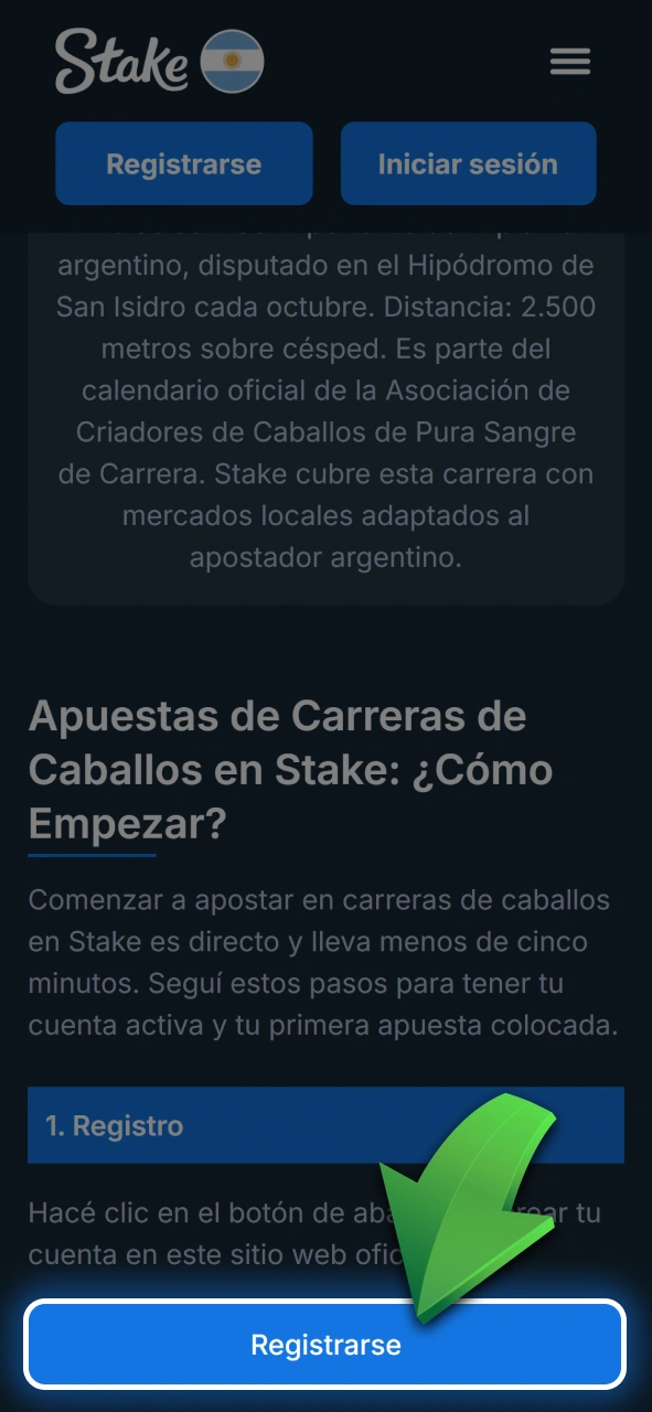 Registrate en la plataforma para empezar a hacer tus jugadas hípicas en Stake.