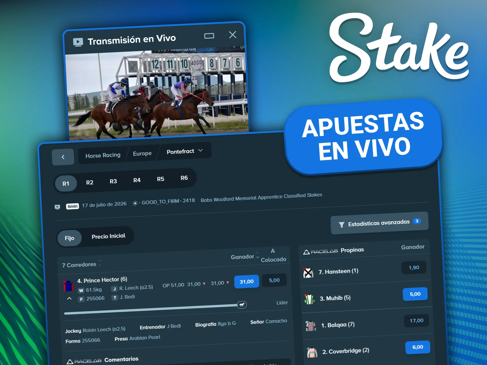 Apuestas en vivo en carreras de caballos con Stake: cuotas en tiempo real y cash-out disponible.