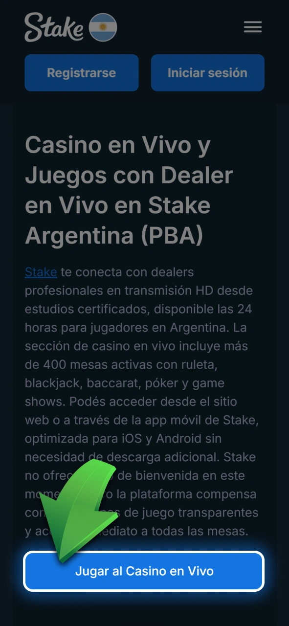 Hacé clic en la mesa seleccionada para ingresar a la sala en vivo de Stake.
