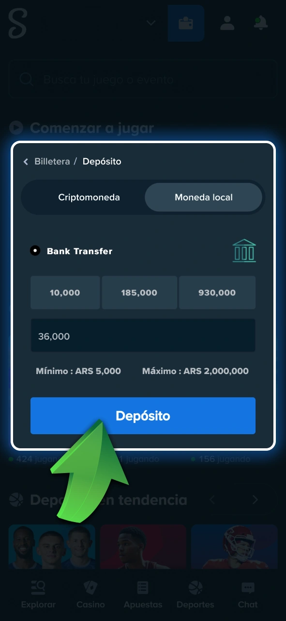 Cargá saldo en tu cuenta para poder jugar en el casino en vivo de Stake.