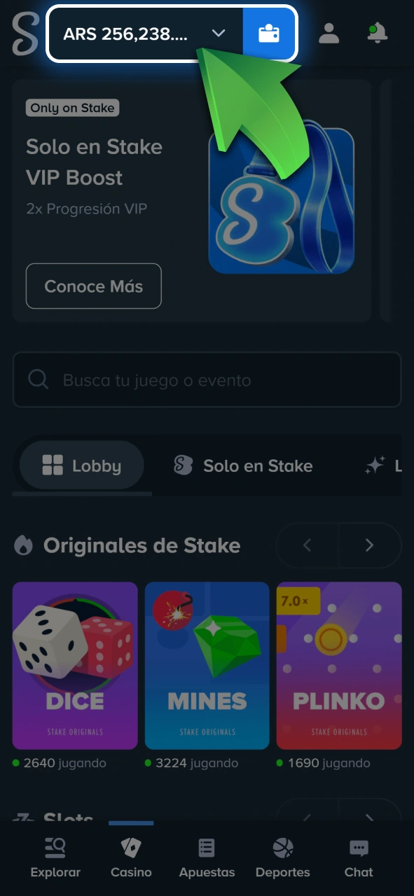 Verificá tu saldo acreditado y empezá a jugar de inmediato en Stake.