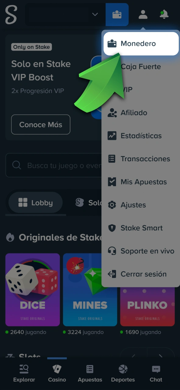 Entrá a la sección de cajero para gestionar tus depósitos en Stake.