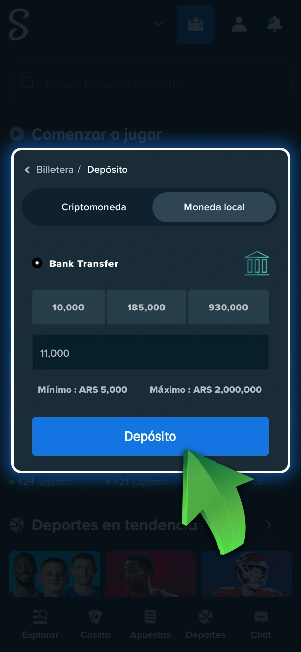 Cargá saldo en tu cuenta directamente desde la aplicación móvil de Stake.