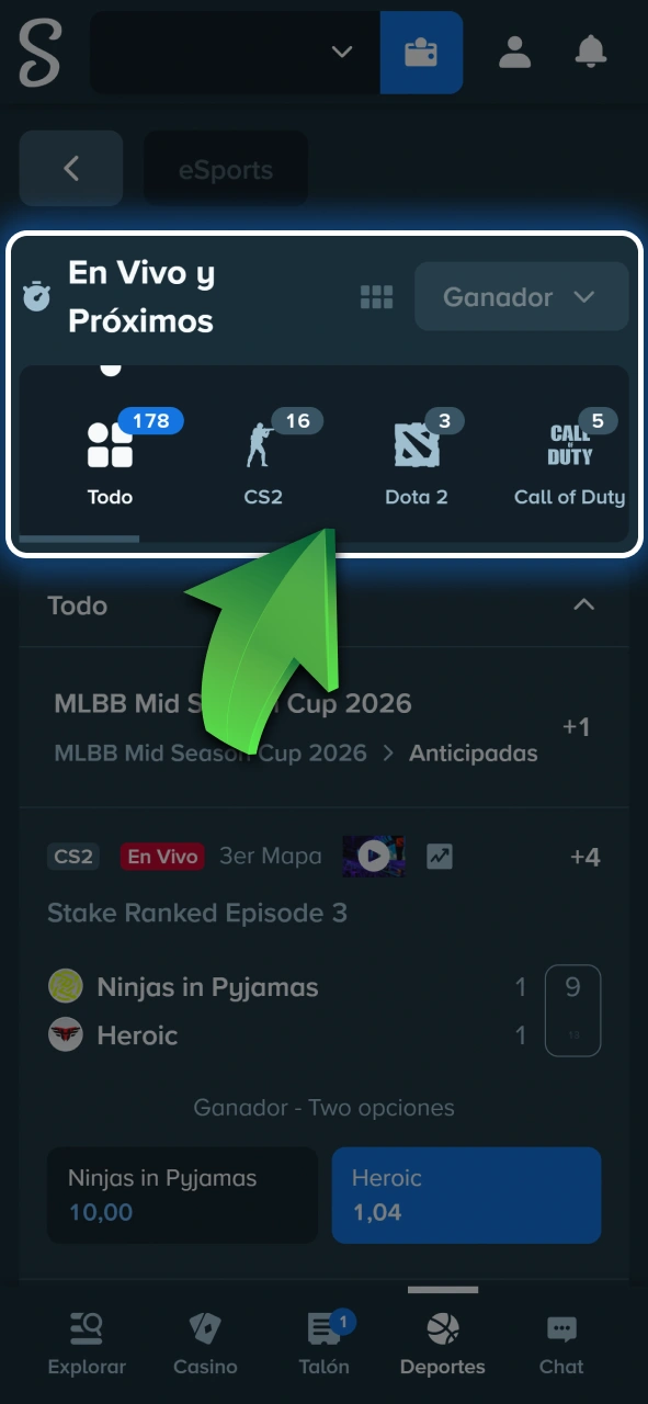 Ingresá a la sección de eSports dentro de la app móvil de Stake.