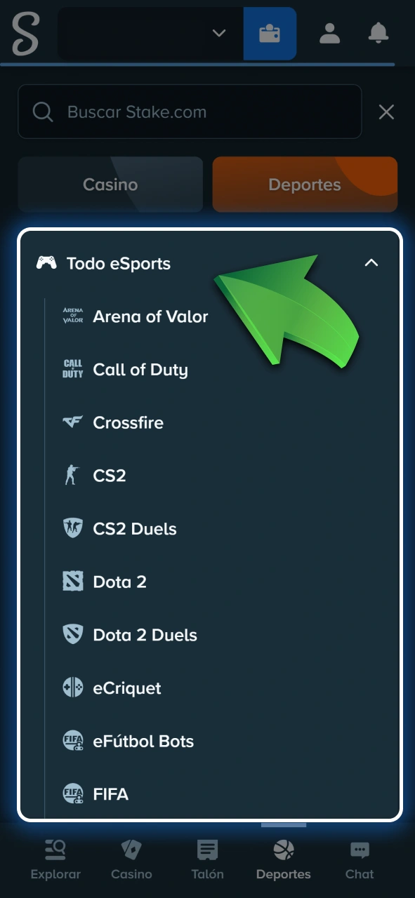 Navegá por los diferentes torneos y partidas de eSports disponibles en Stake.