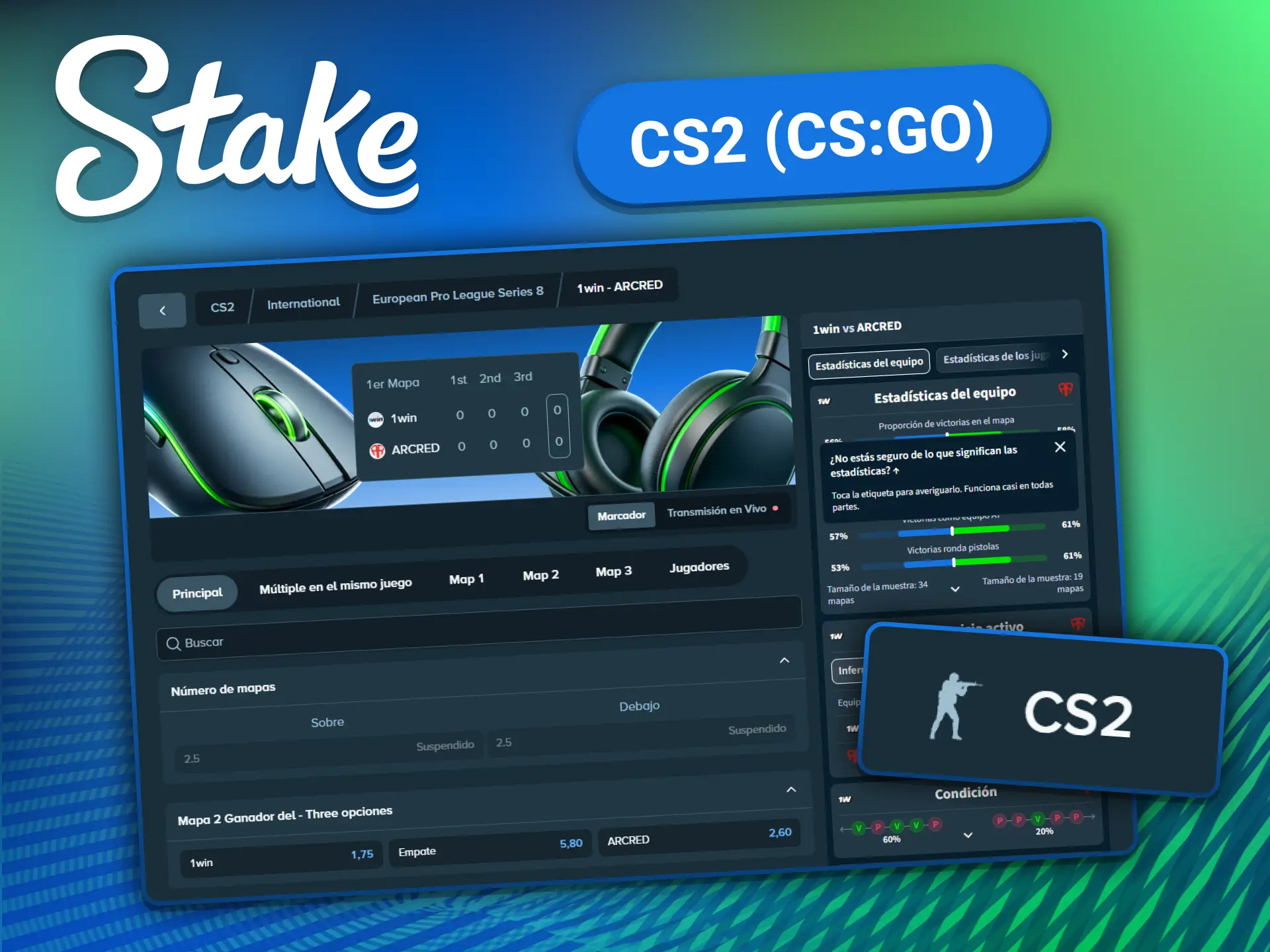 Apuestas en CS2 Counter-Strike 2 con mercados en vivo en Stake para torneos como BLAST Premier e IEM Cologne.