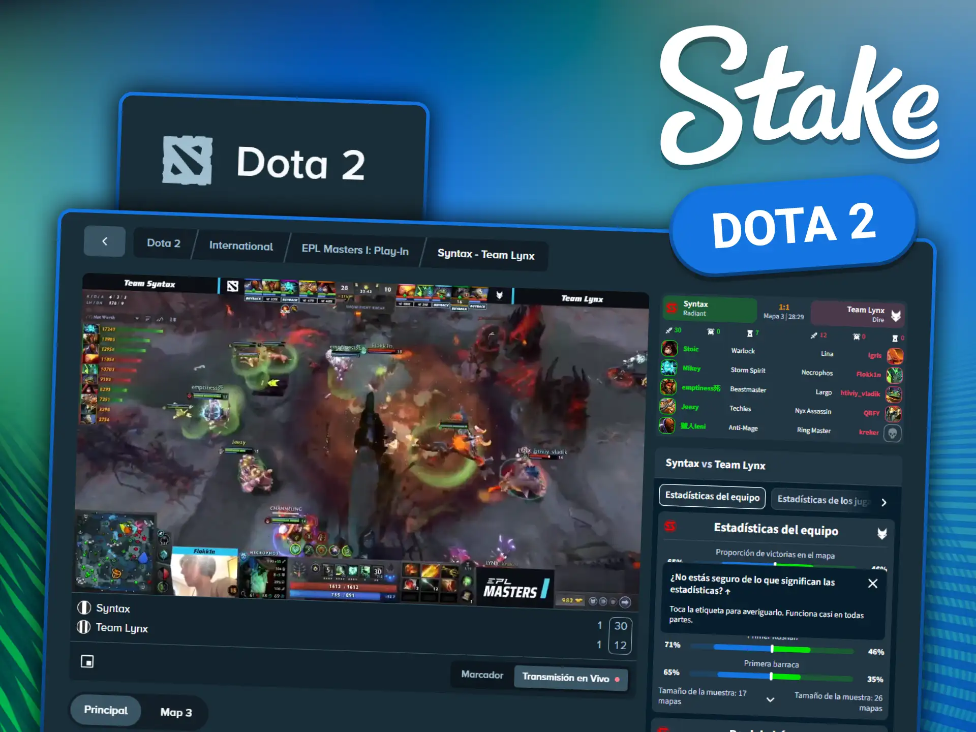 Dota 2: apuestas en vivo y mercados de esports en Stake para torneos como TI y DPC.