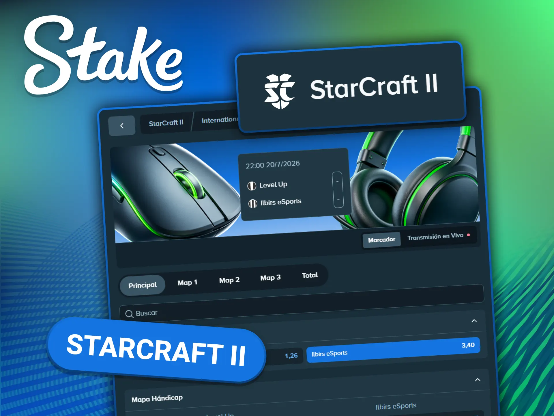 Jugadores compitiendo en StarCraft II en torneos de esports como GSL y ESL Pro Tour con apuestas disponibles en Stake.