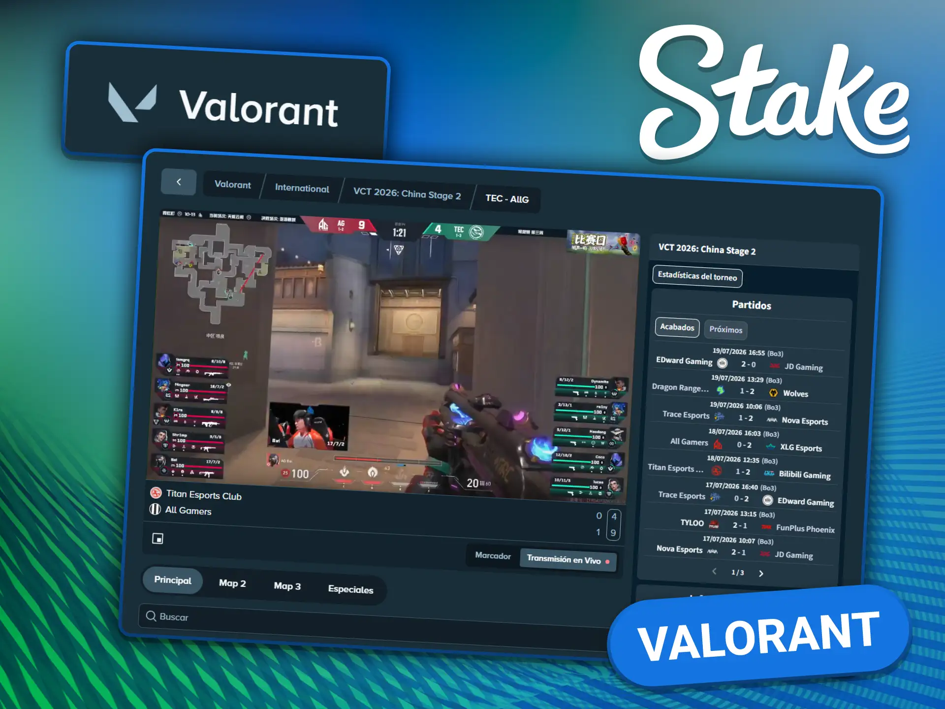 Apuestas de esports en Valorant con mercados del VCT Champions, Masters y ligas regionales en Stake.
