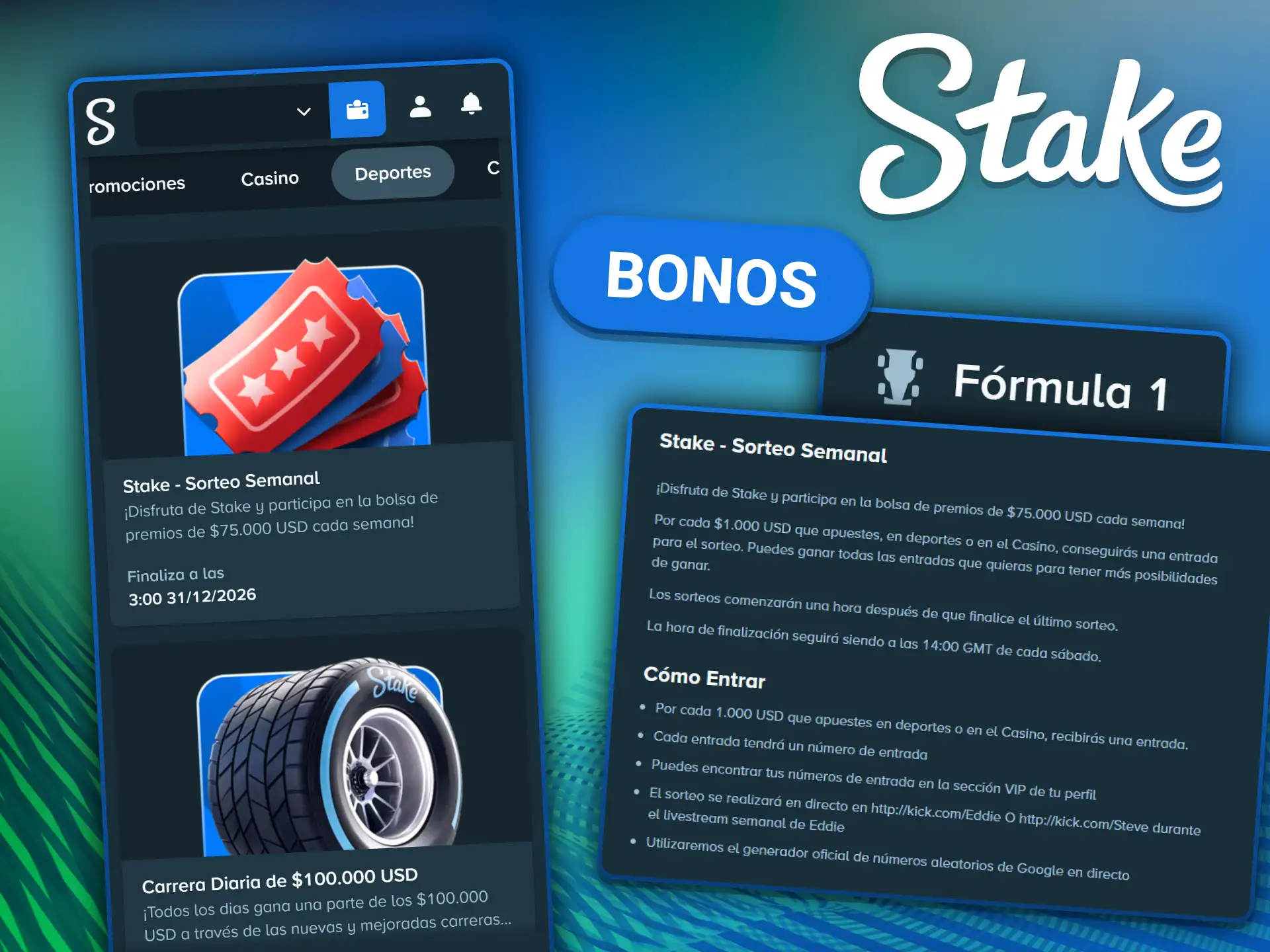 Bonos de apuestas de Fórmula 1 en el sitio web de Stake.