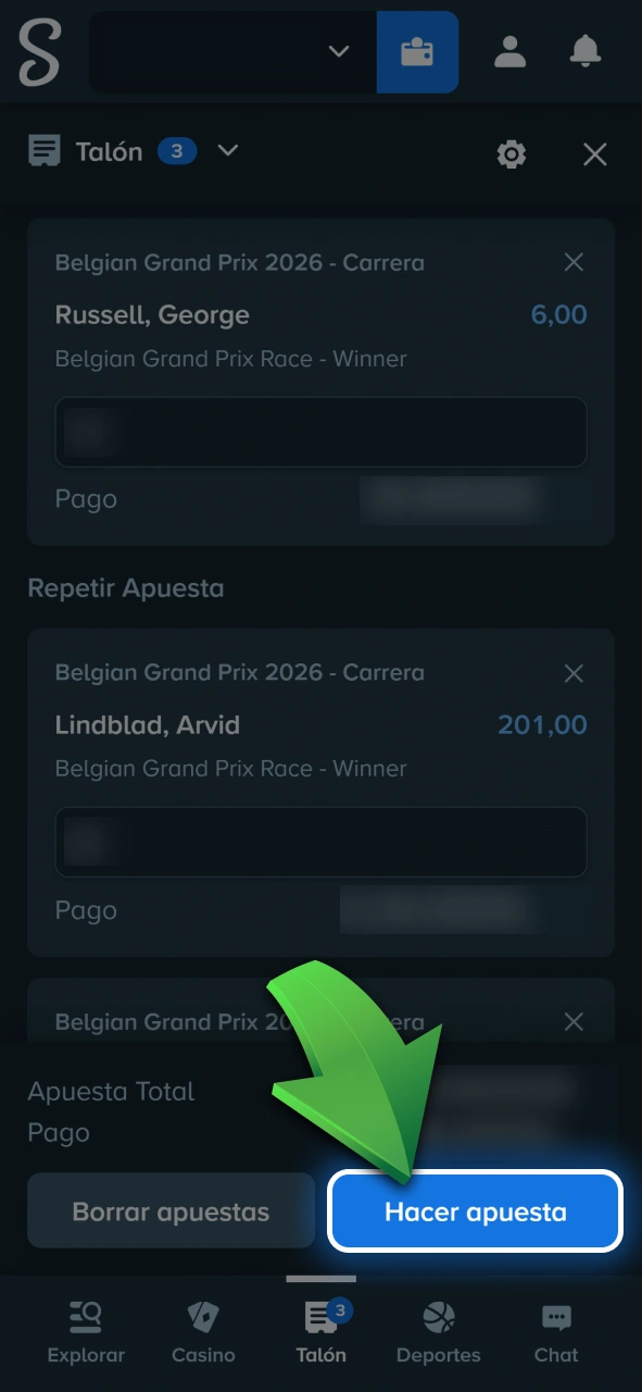 Confirmá tu cupón y realizá tu apuesta de Fórmula 1 en Stake.