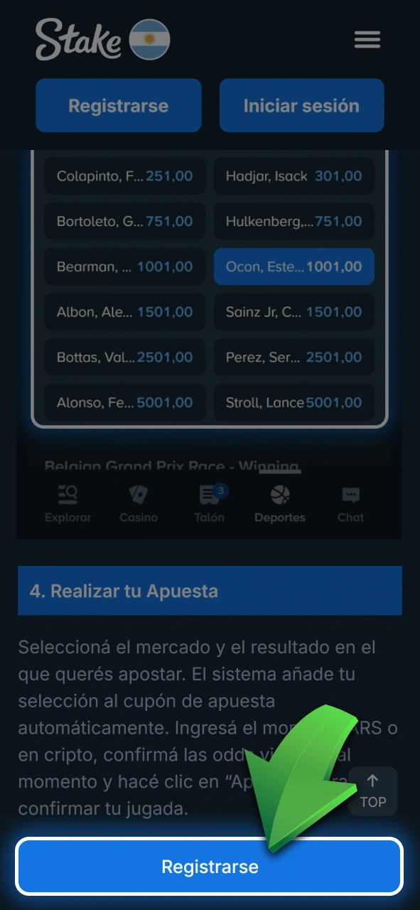 Registrate en pocos pasos para empezar a apostar en la Fórmula 1 en Stake.