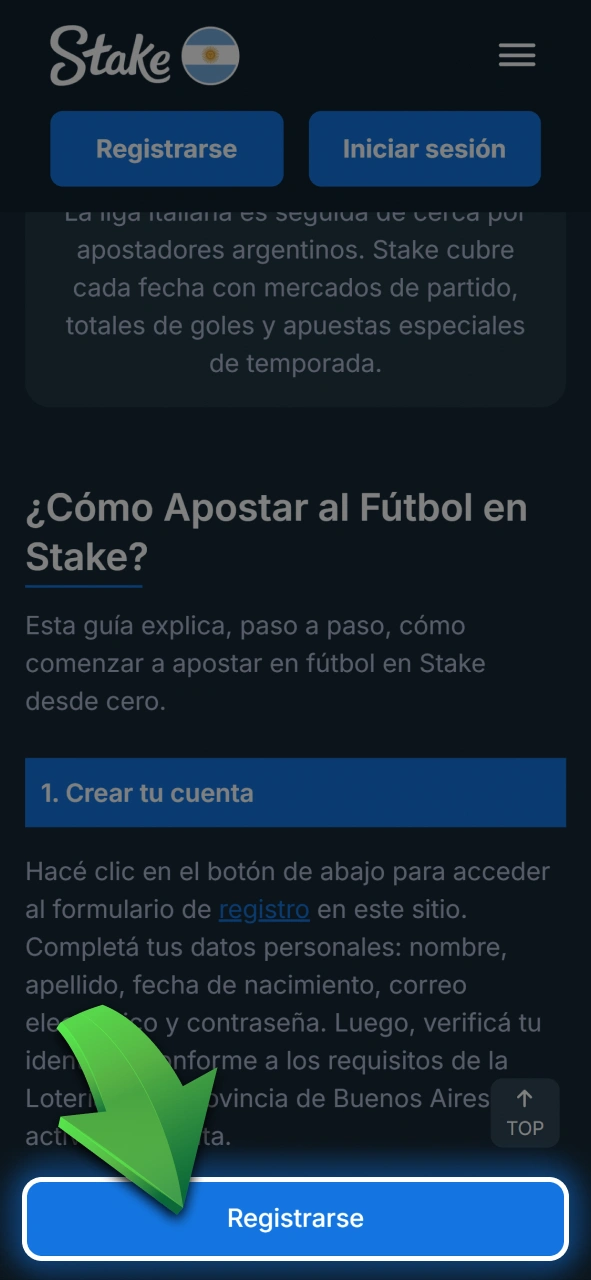 Registrate de forma rápida para empezar a apostar en fútbol en Stake.