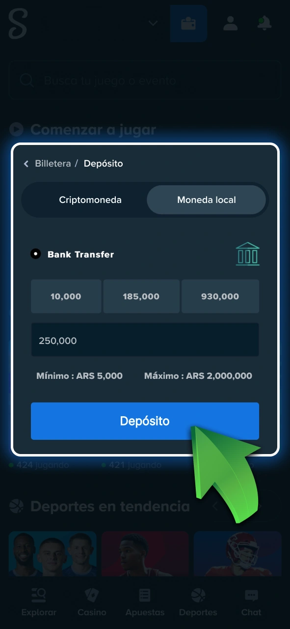 Cargá fondos en tu cuenta para hacer tus jugadas futboleras en Stake.
