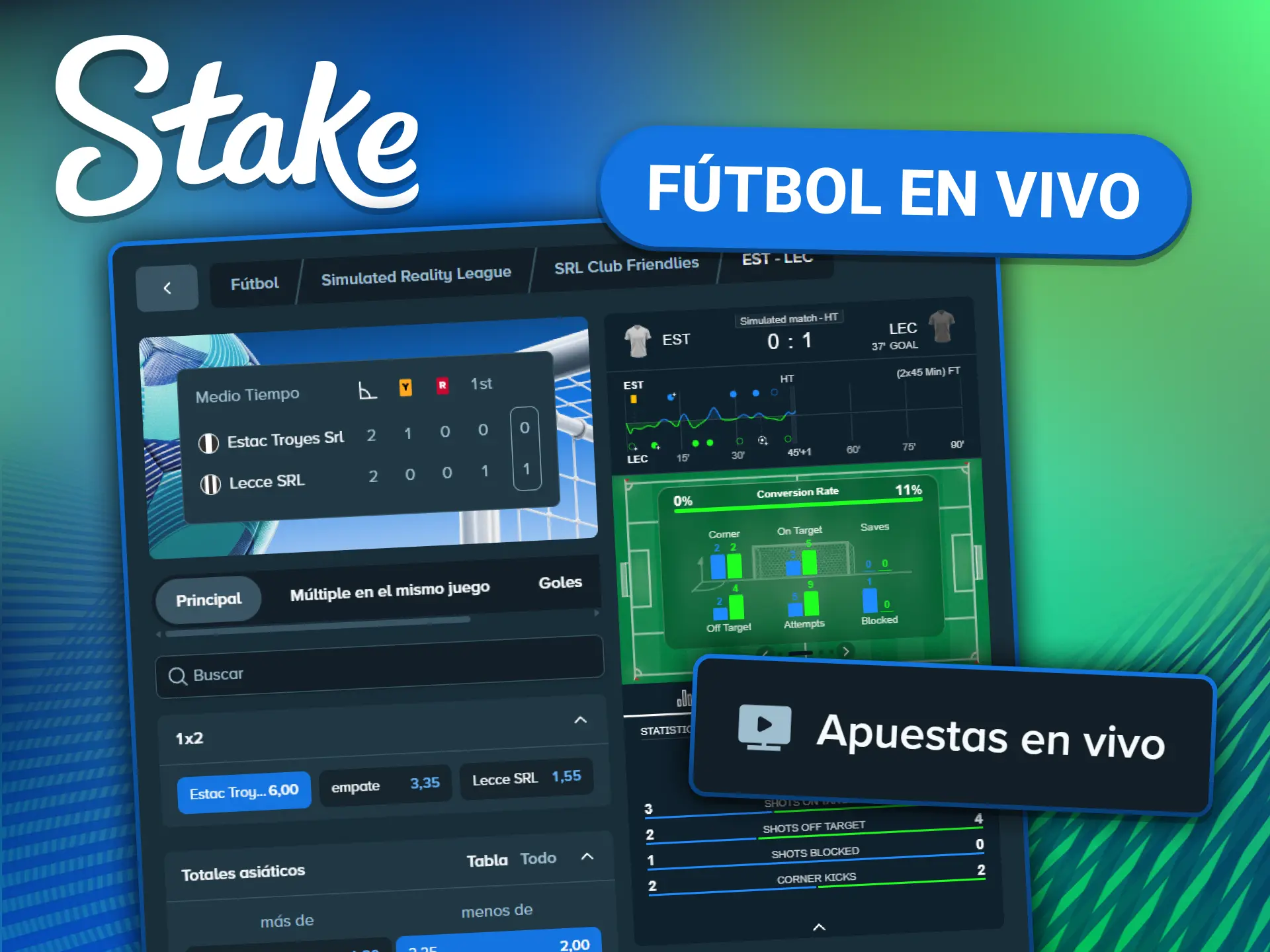 Apuestas de fútbol en vivo en Stake con cuotas actualizadas, tracker de partido y función de cash out disponible.