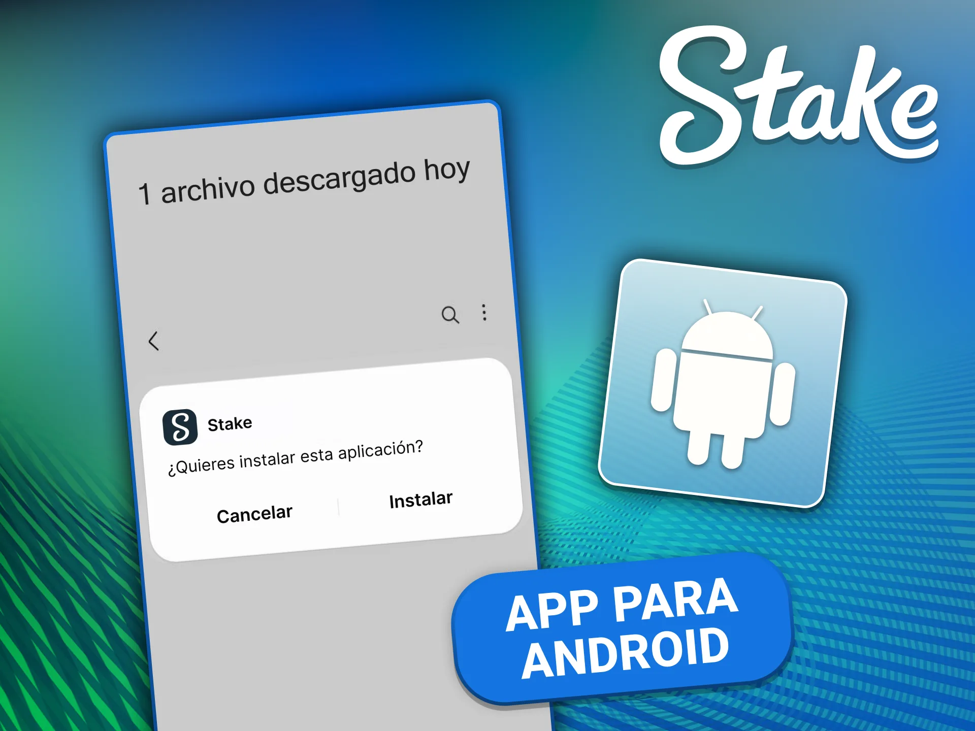 Pantalla de instalación de la app de Stake para Android con instrucciones para descargar el APK oficial.