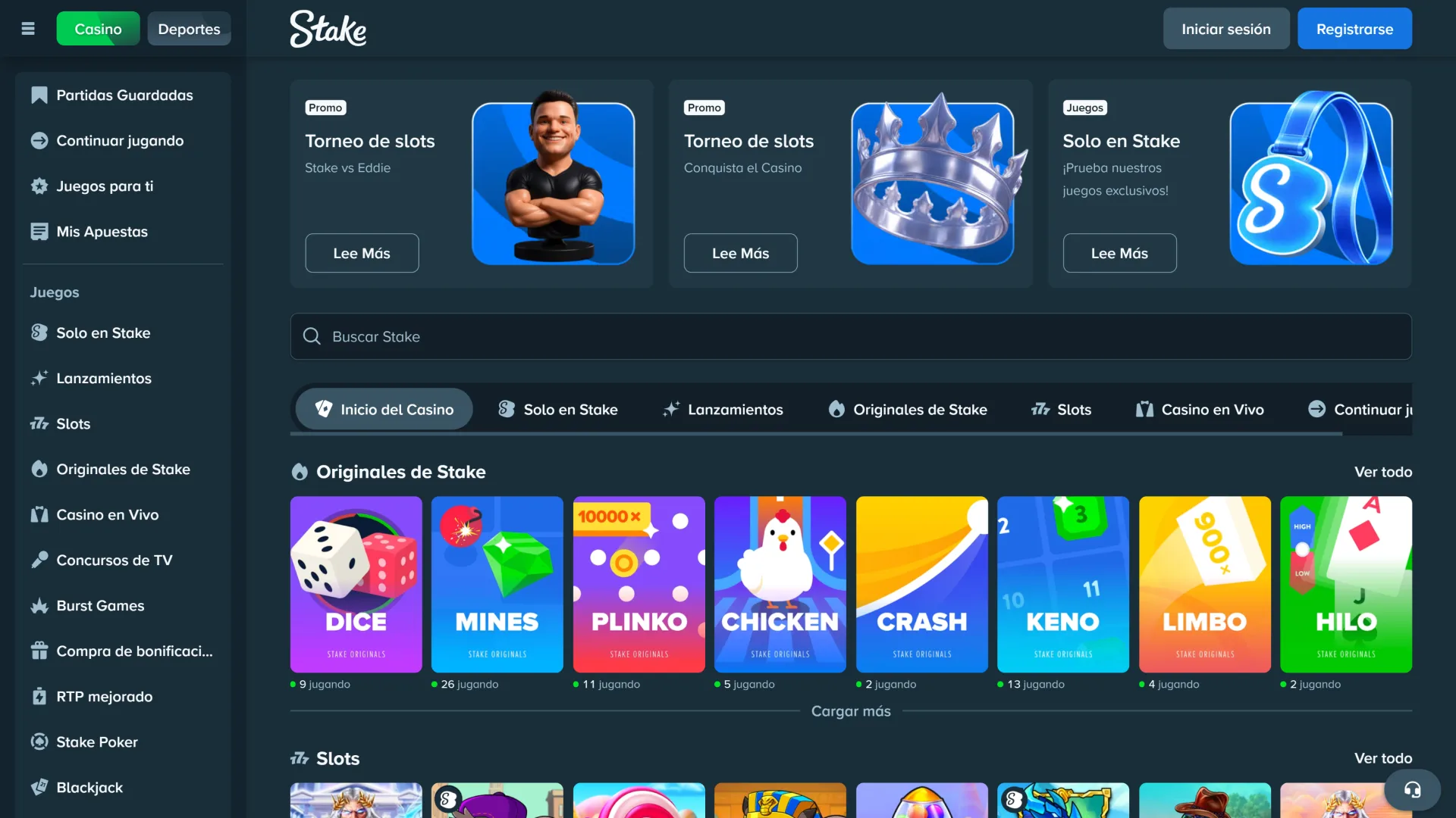 Explorá la sección de casino y encontrá tus tragamonedas o mesas favoritas en Stake.