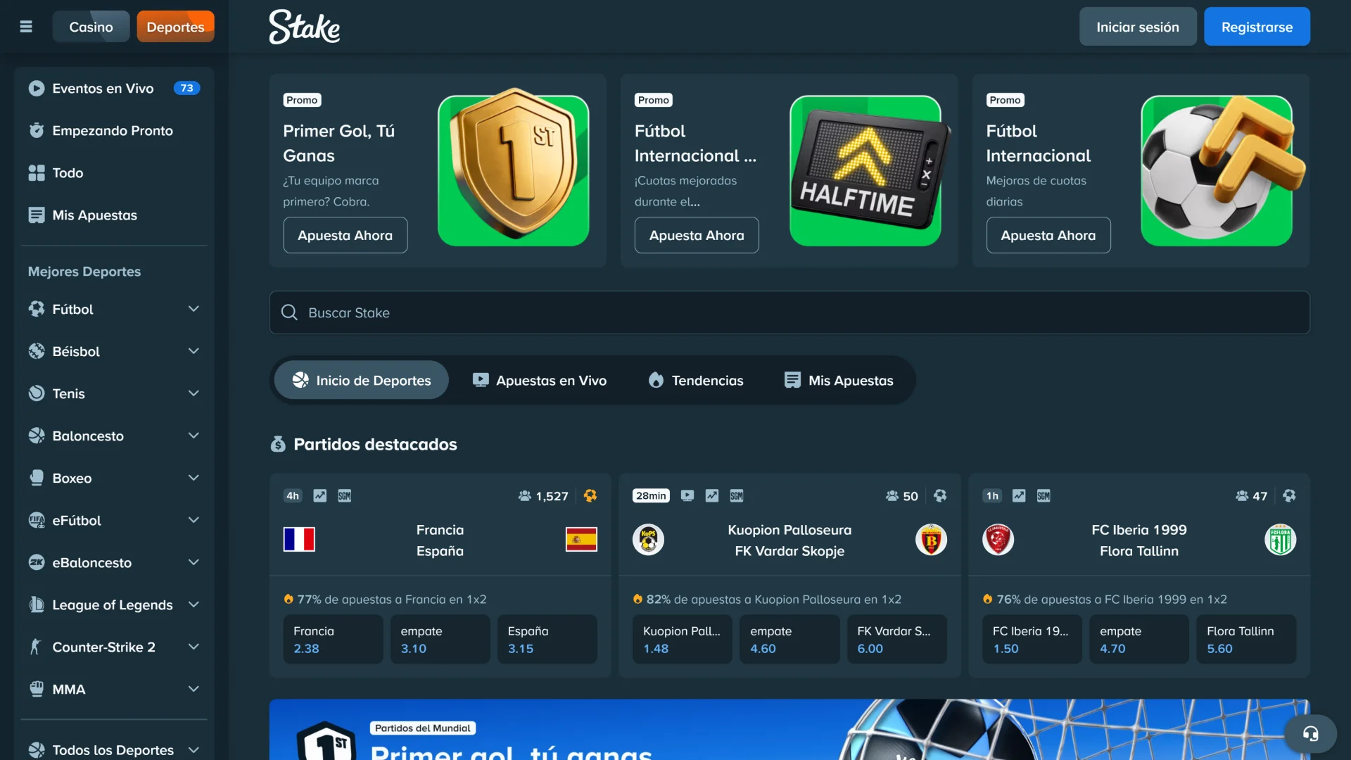 Ingresá a la plataforma de apuestas deportivas y revisá los partidos del día en Stake.