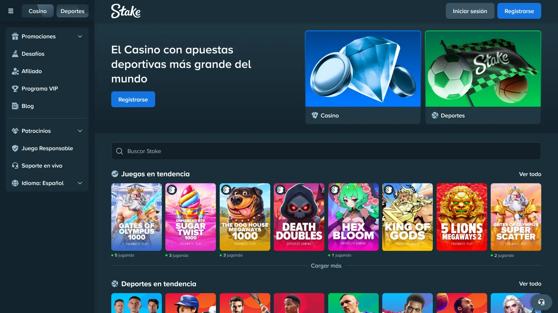 Accedé a la sección de inicio de Stake para ver los juegos y eventos destacados.