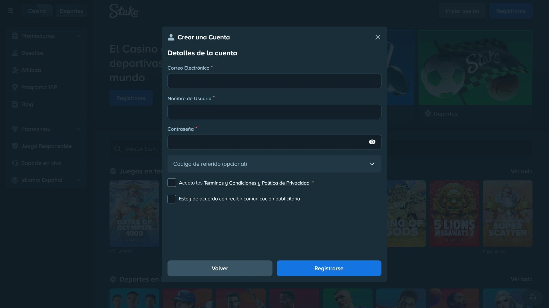 Completá el formulario de registro rápido y abrí tu nueva cuenta en Stake.
