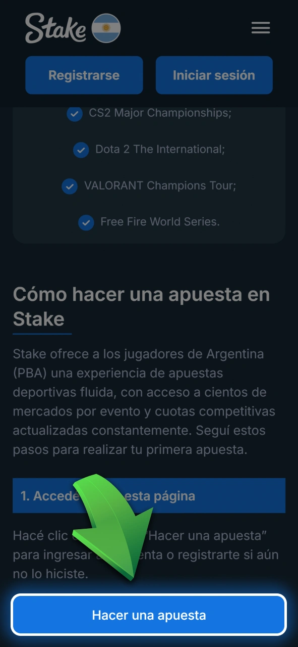 Ingresá a la sección de apuestas deportivas dentro de tu cuenta de Stake.