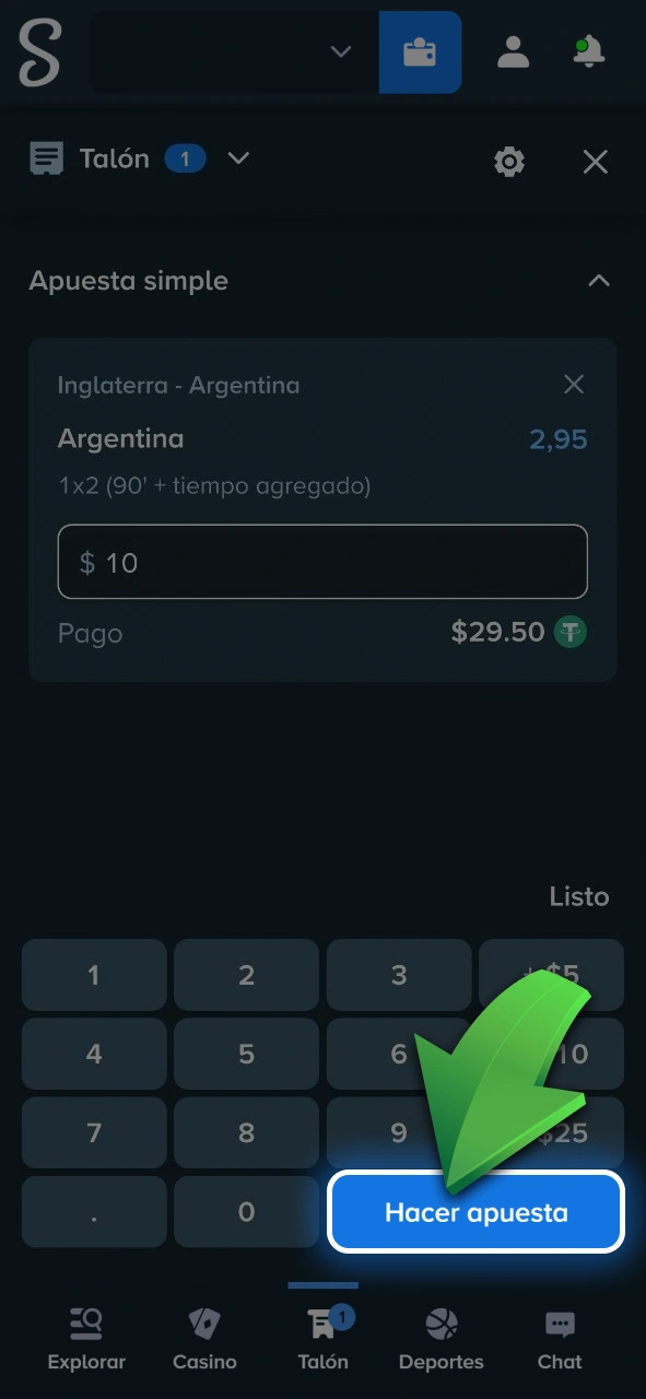 Controlá tu cupón digital y confirmá tu jugada con un solo clic en Stake.