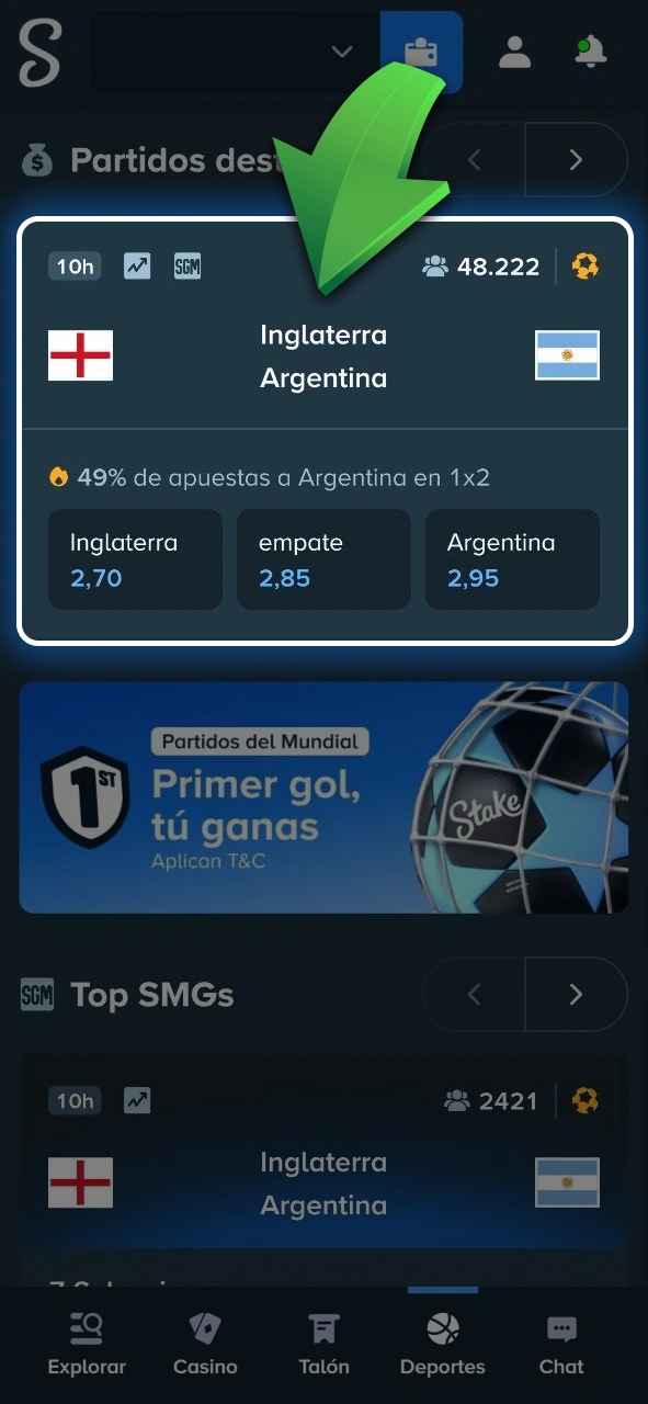 Buscá y elegí el evento deportivo en el que querés hacer tu pronóstico en Stake.