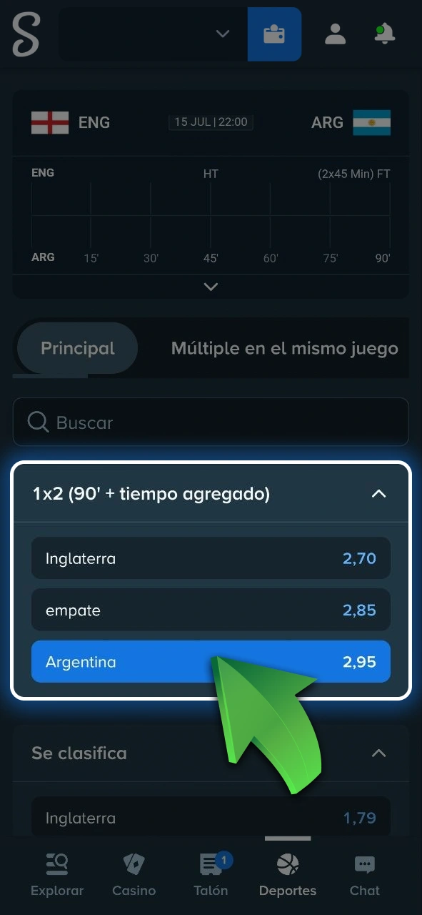 Seleccioná el mercado de apuestas que más te convenga para el partido en Stake.