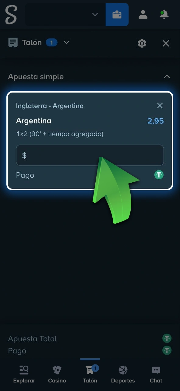 Colocá el monto exacto de plata que vas a jugar en tu cupón de Stake.