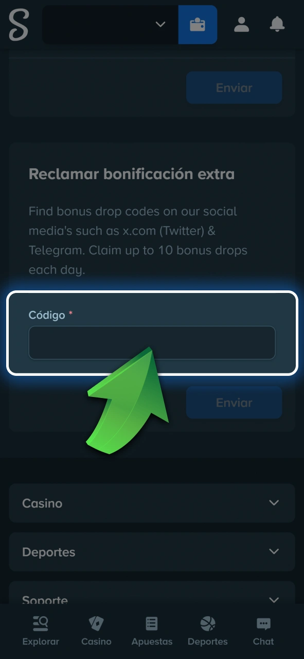 Colocá tu código promocional en el campo correspondiente para desbloquear tu regalo en Stake.