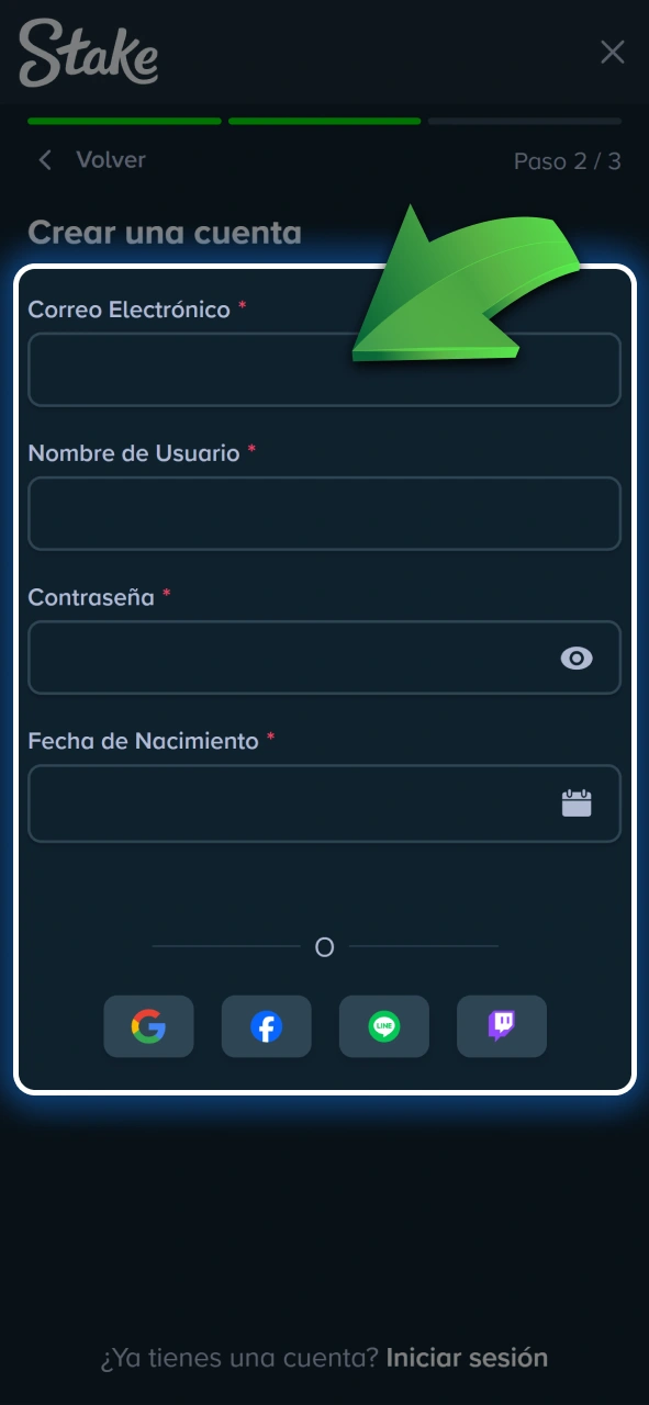 Seleccione un método al registrarse en Stake.