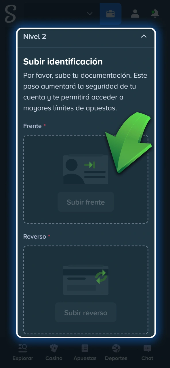 Subí una foto clara de tu documento de identidad para verificar tu cuenta en Stake.