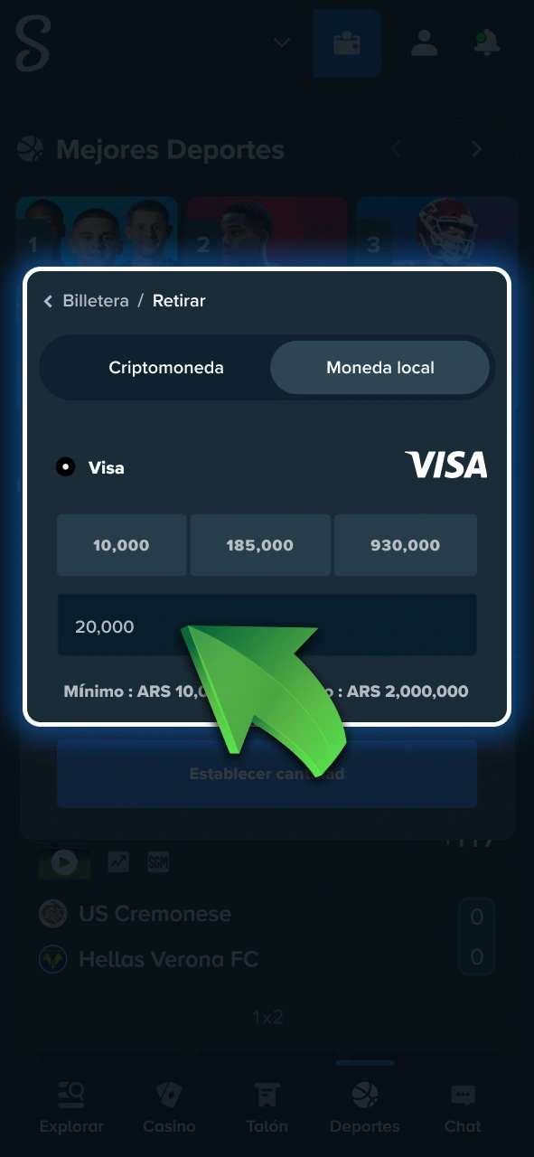 Ingresá la cantidad exacta de dinero que querés retirar de tu saldo en Stake.