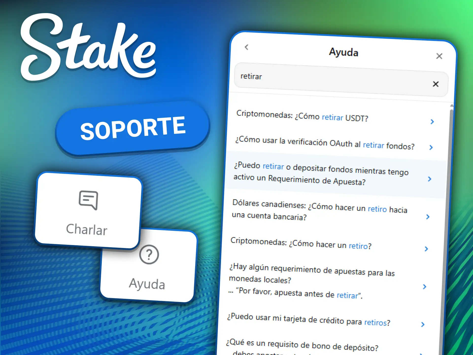 Soporte al cliente de Stake: chat en vivo 24/7, correo electrónico y centro de ayuda para resolver problemas de retiro.