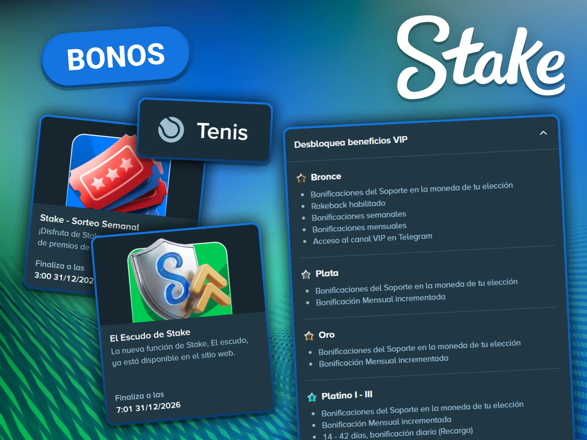 Promociones y bonos de apuestas de tenis en Stake Argentina: Rakeback, odds boost y programa VIP.