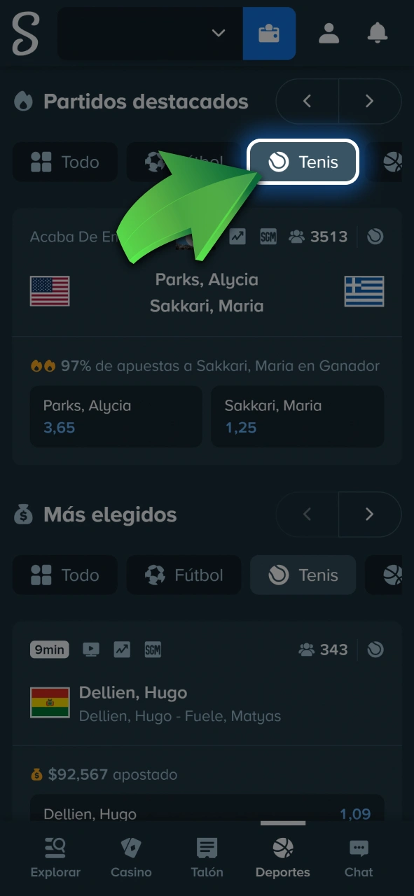Elegí el partido de tenis en vivo o pre-partido al que querés apostar en Stake.