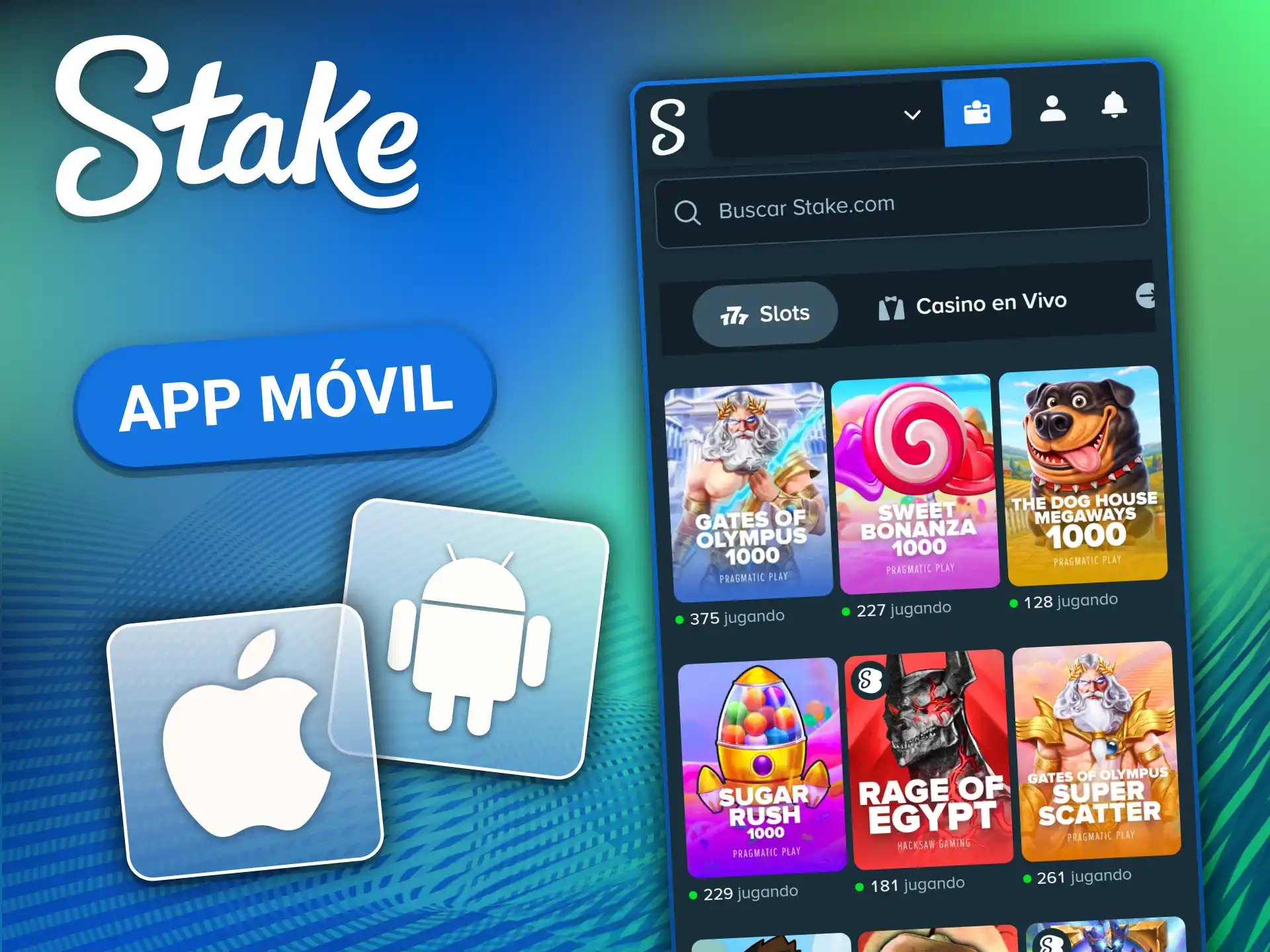 App móvil de Stake Casino con acceso a más de 10.000 tragamonedas en iOS y Android.
