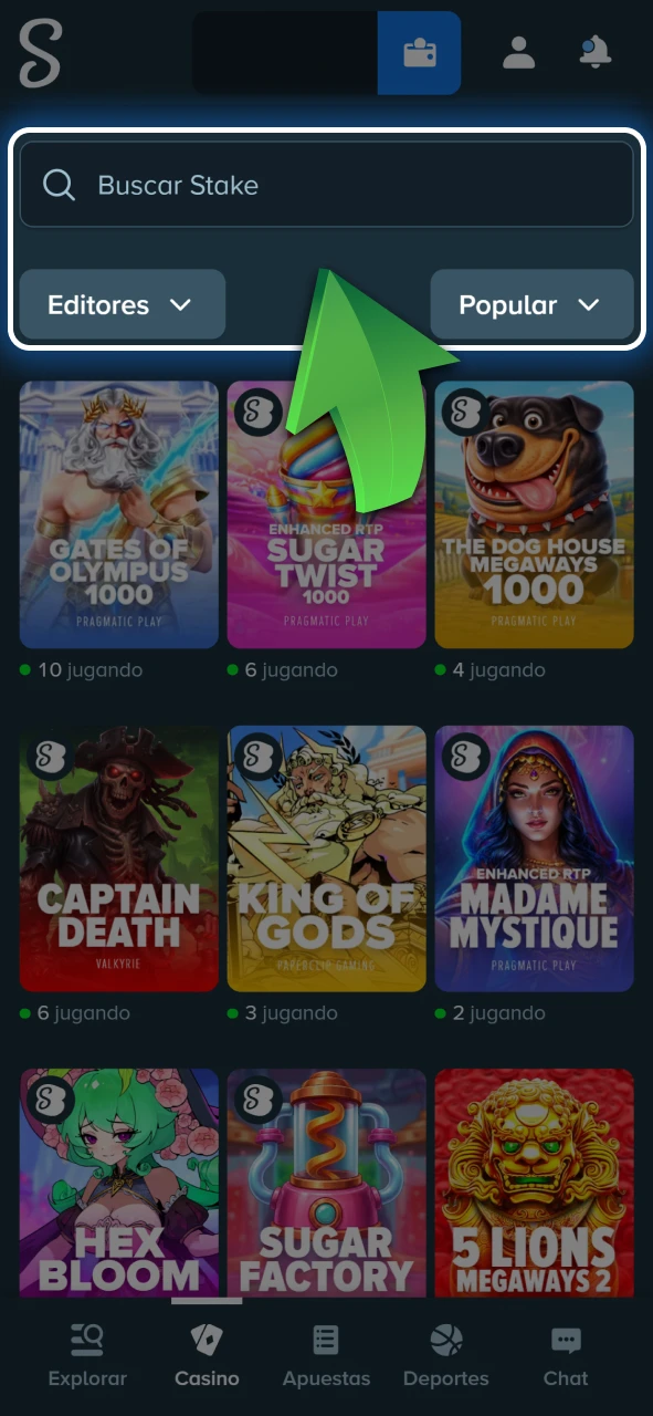 Elegí tu tragamonedas preferida buscando por proveedor o temática en Stake.